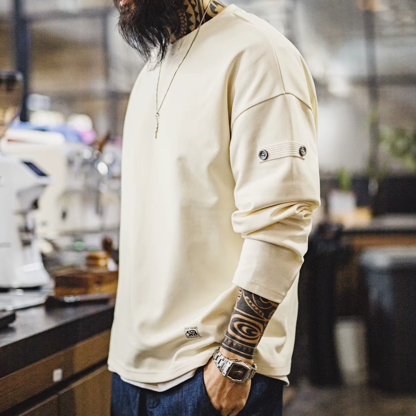 Maden T-shirt vintage à col en V pour homme, manches longues, couleur unie, pull basique décontracté