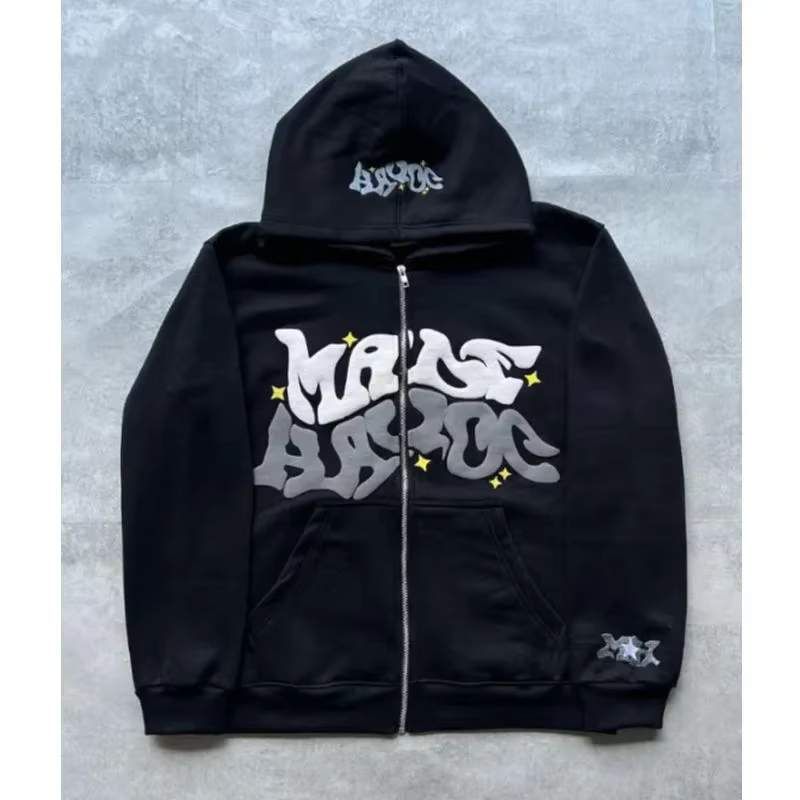 Sweat à capuche zippé avec lettres de style américain rétro, unisexe, idéal pour être associé à une 