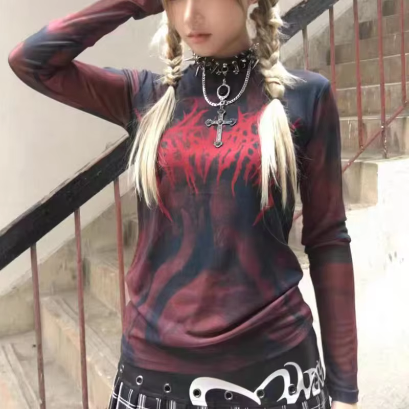 T-shirt imprimé esthétique grunge pour femme, haut gothique vintage, maille rouge, streetwear transp