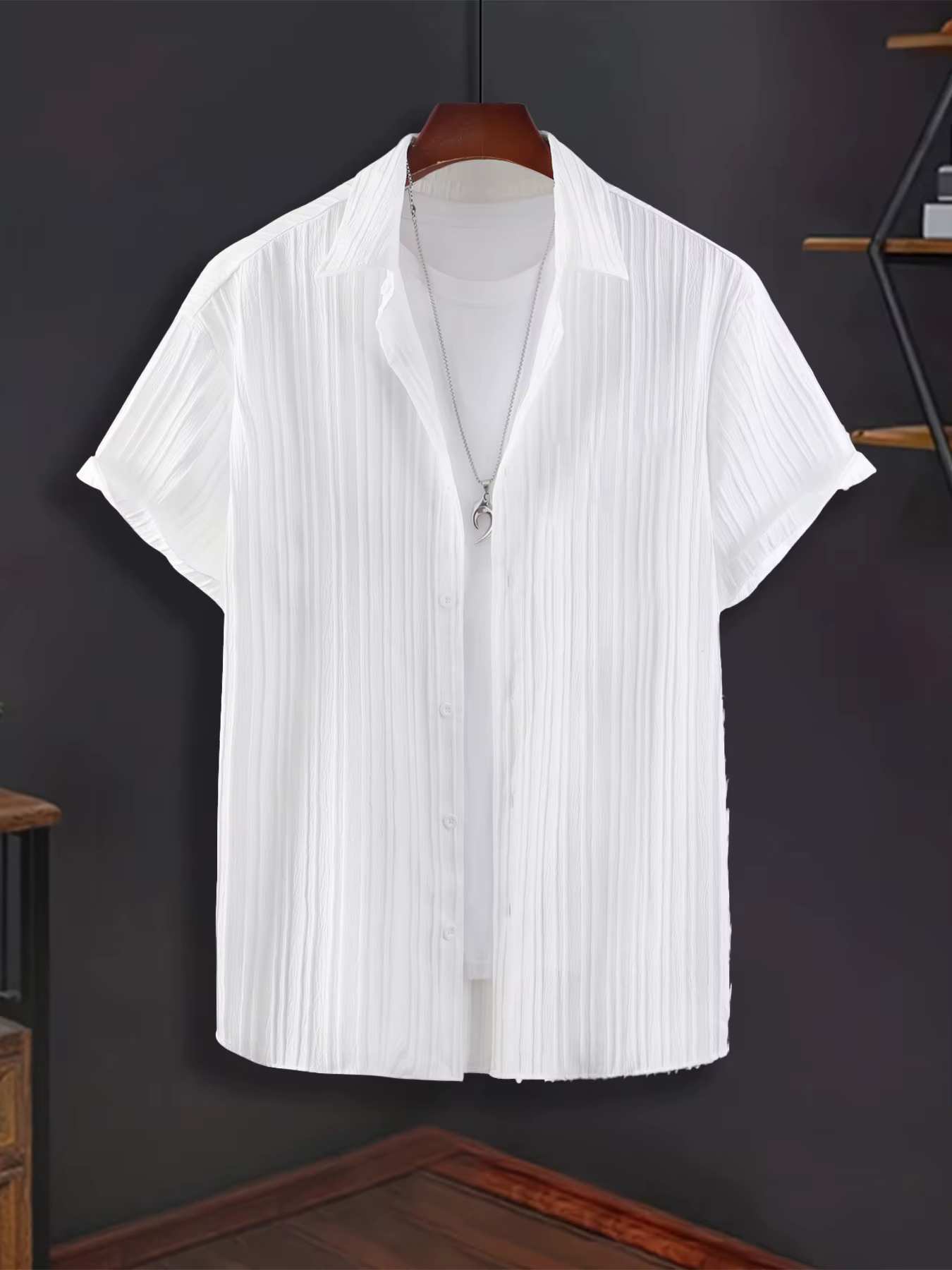 Chemise à manches courtes texturée à rayures verticales blanches pour homme, décontractée, ample et 