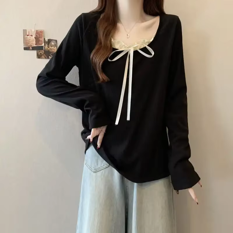 T-shirt deux pièces en velours allemand à manches longues pour femme, faux nœud, automne et hiver