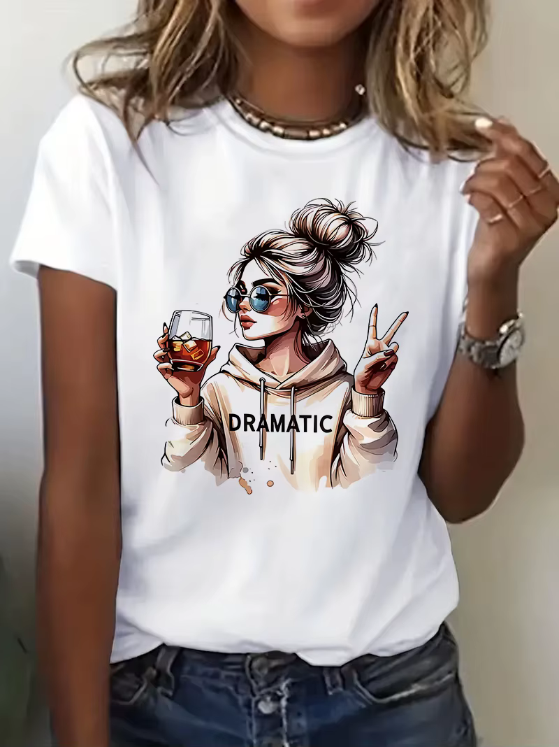 T-shirt décontracté pour femme style streetwear années 90, imprimé graphique « Dramatic » avec motif
