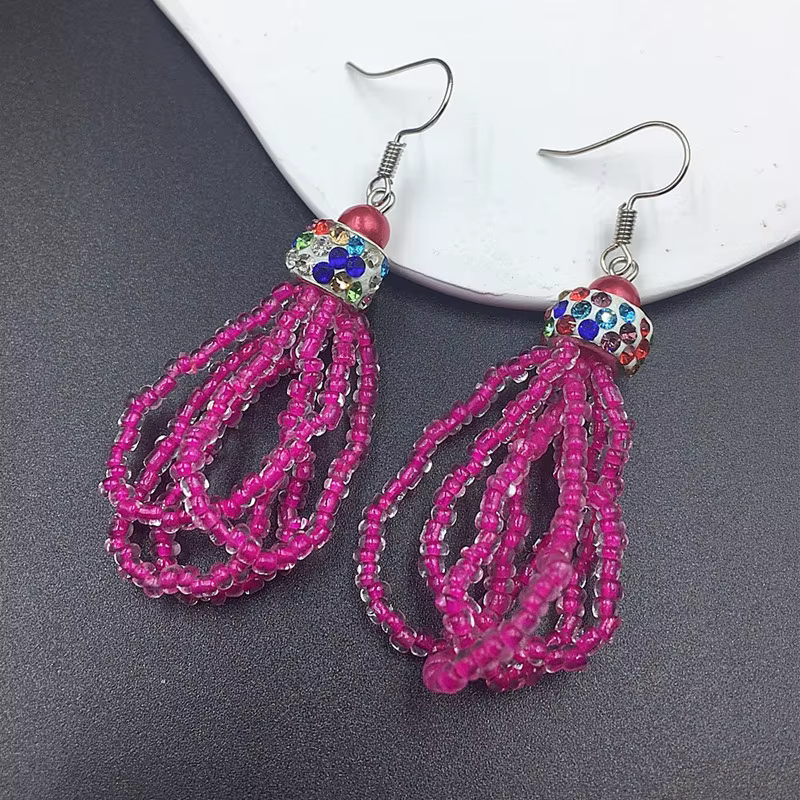 Boucles d'oreilles bohème pour femmes, perles colorées de riz, boucles d'oreilles mixtes en cristal,