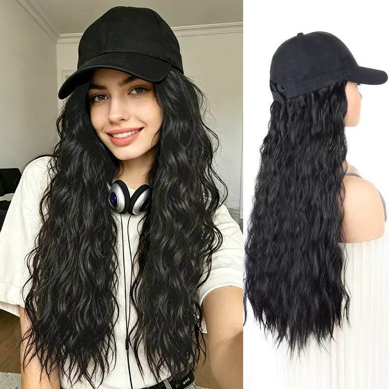 Casquette Perruque pour Femme, Perruque Intégrée Style Casquette de Baseball, Extensions de Cheveux 