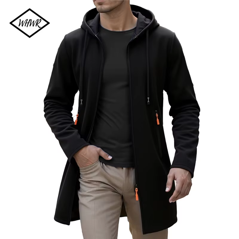 Printemps automne hommes vestes longues à capuche solide tricot Cardigan vêtements d'extérieur décon