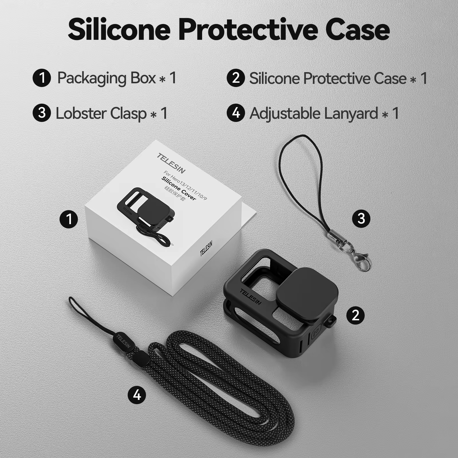 TELESIN étui de protection en Silicone pour GoPro 13 12 11 10 9 capuchon d'objectif noir main cou dr
