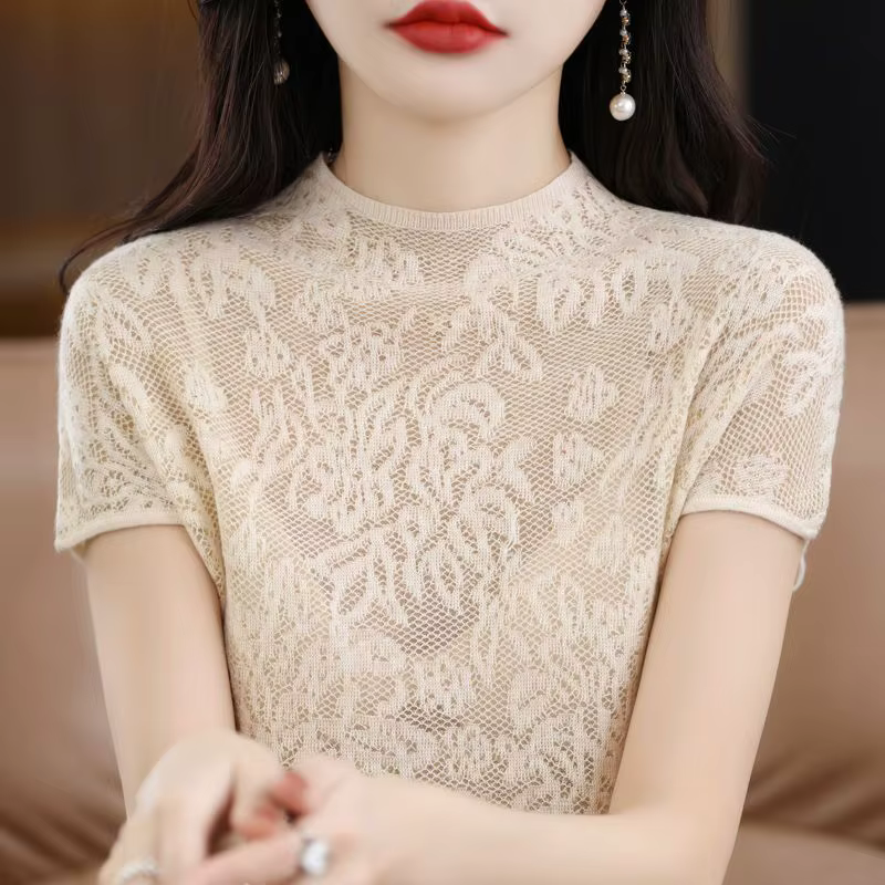 Économie à manches courtes à col rond monochromes pour femmes, tricots de glace chics, t-shirts basi