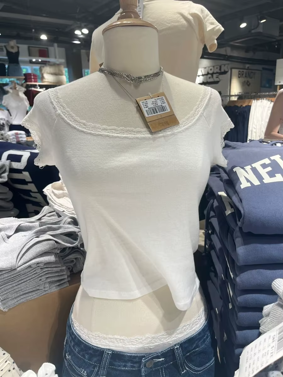 Haut court en patchwork de dentelle pour femme, manches courtes, col rond, t-shirts simples, t-shirt