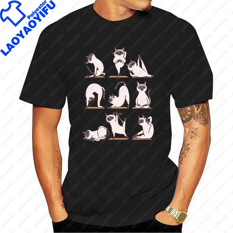 T-shirt imprimé chat siamois pour femmes et hommes, dessin animé de yoga, mince, respirant, manches 