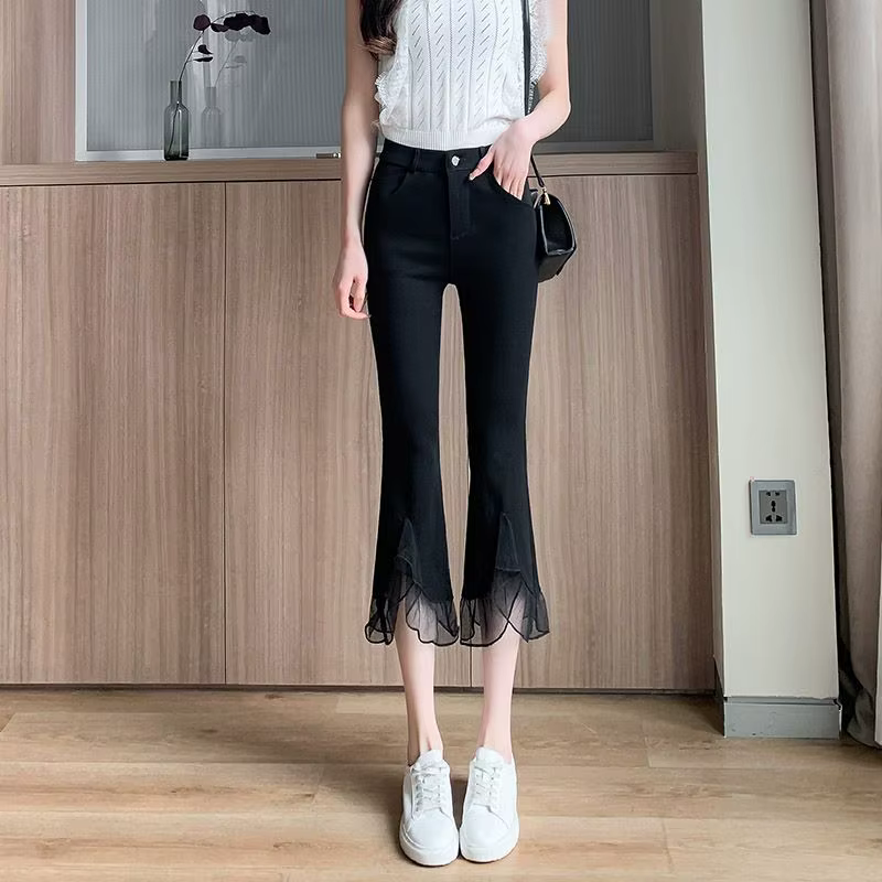 Pantalon court pour femme, micro-évasé, taille haute, coupe ajustée, en dentelle, décontracté, nouve