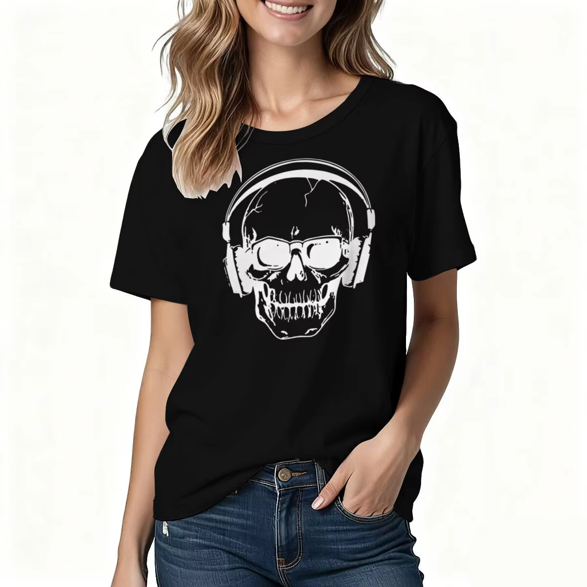 T-shirt lumineux à imprimé crâne pour hommes et femmes, vêtements amusants, musique, squelette, DJ, 