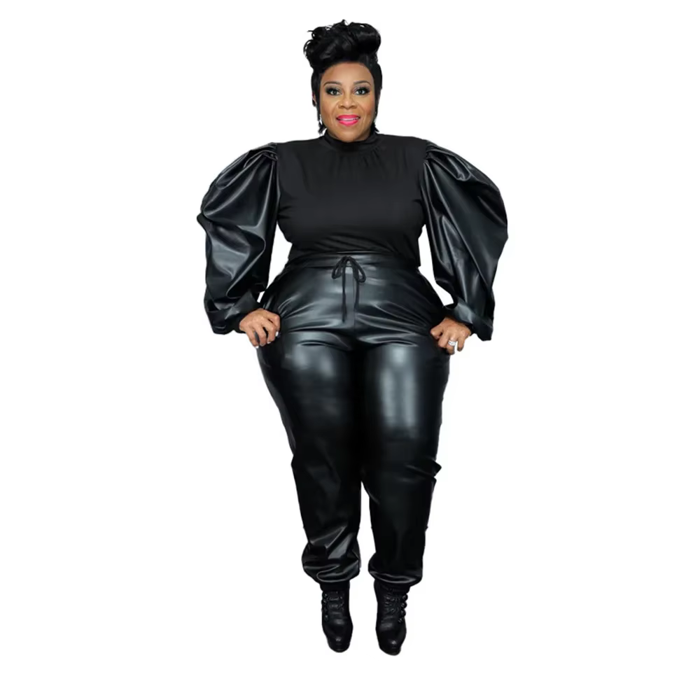 Vêtements en PU pour femmes, ensembles deux pièces grande taille, tenues à manches bouffantes, patch
