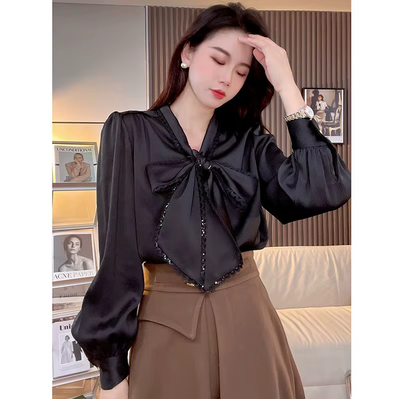 Chemises monochromes pour femmes, col écharpe, pulls à manches longues, dentelle plissée, chemisiers