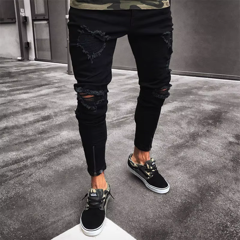 Kakan-nouvelles jeans déchirés noirs pour hommes, pantalons à petites jambes à fermeture éclair élas
