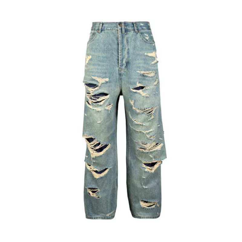 Jean à jambes droites pour hommes, Streetwear Hip Hop bleu endommagé, détruit, déchiré, moustaches d