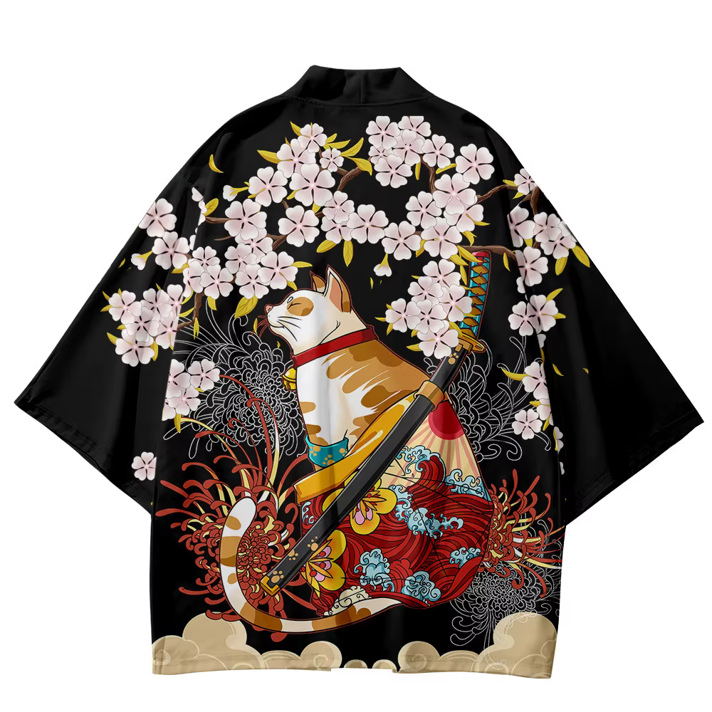 Kimono japonais pour chat, cardigan Haori à motif Sakura, style Ukiyo-e, ouvert sur le devant, stree