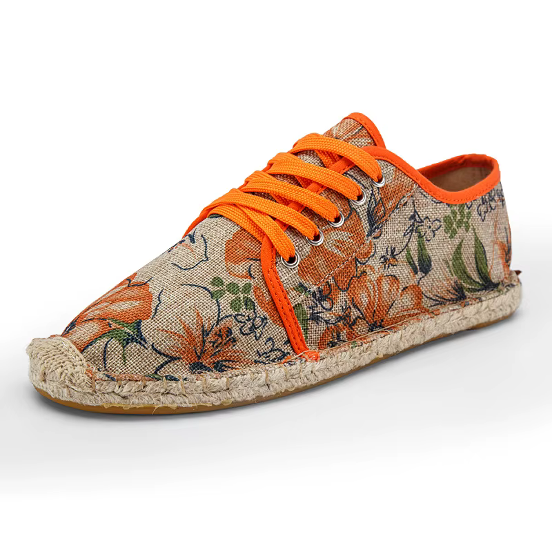 Mocassins plats en lin respirant pour hommes, chaussures de conduite décontractées, Orange, imprimé 