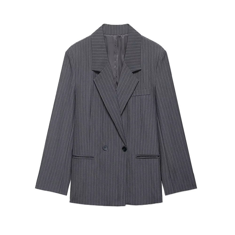 Manteau Blazer rayé surdimensionné pour femmes, Style vieil argent, manches longues, poches avant, C