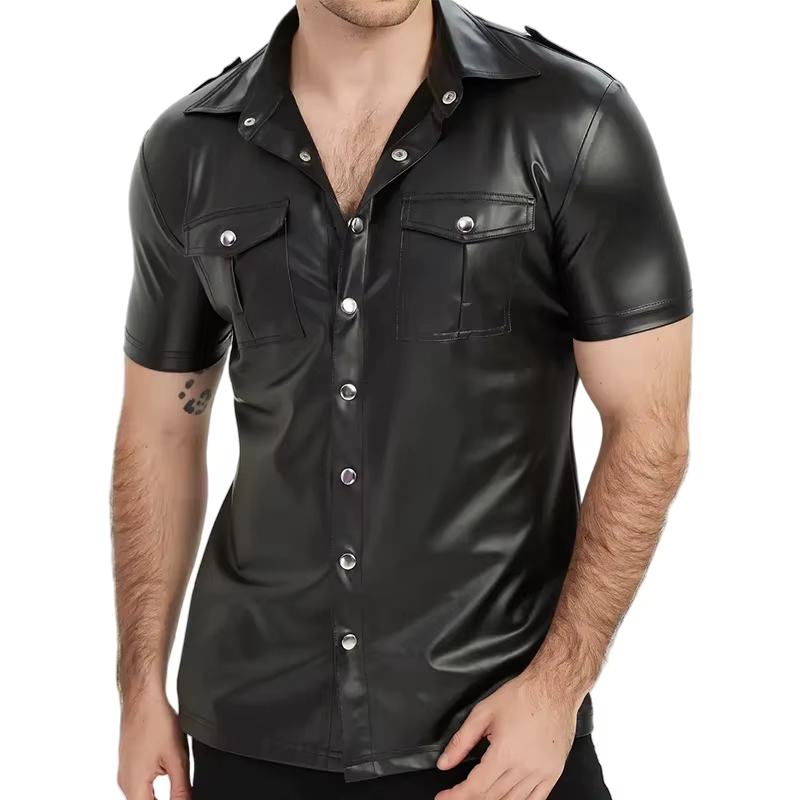 Chemises en Faux cuir pour hommes, T-Shirt à manches courtes en cuir PU, veste boutonnée de Style de