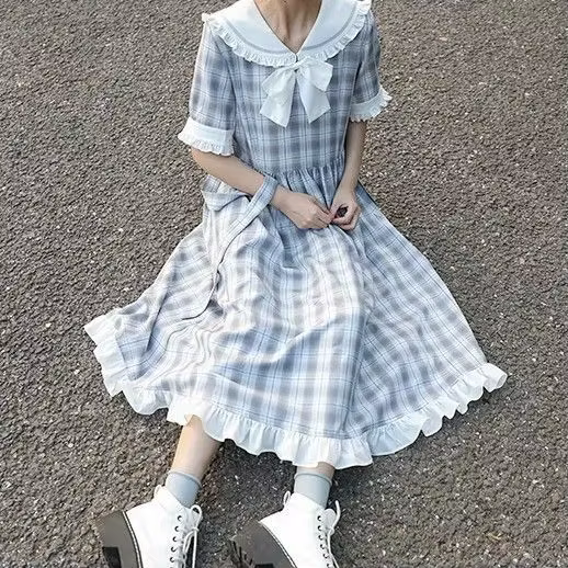 Robe longue à carreaux pour femmes, Style Preppy japonais, ample, mignonne, col marin, nouvelle coll