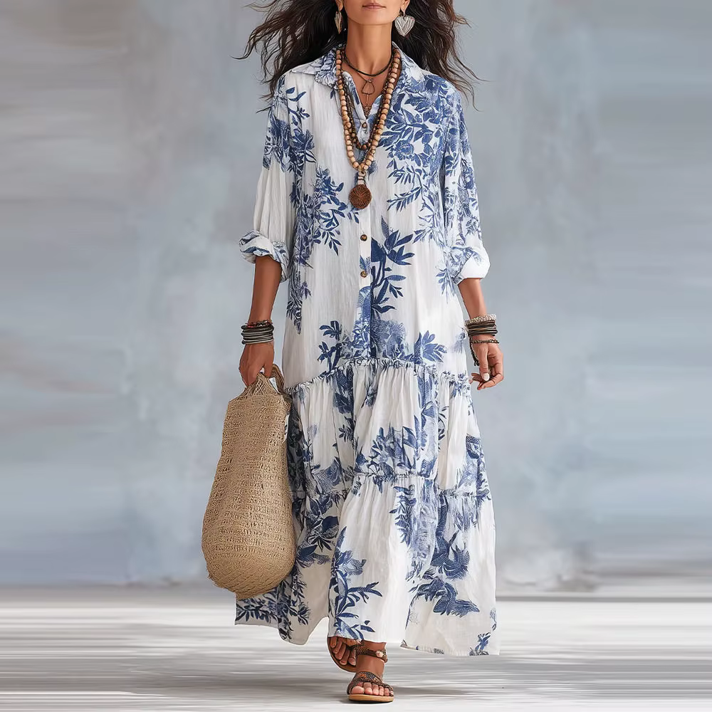 Robe chemise élégante pour femme, imprimé floral, col rabattu, simple boutonnage, à volants étagés, 