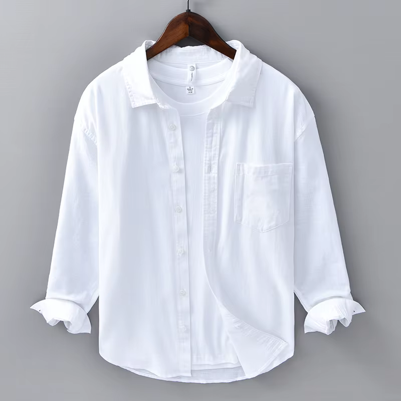 Chemise à manches longues en coton et lin pour hommes – Chemise d'affaires décontractée légère, resp