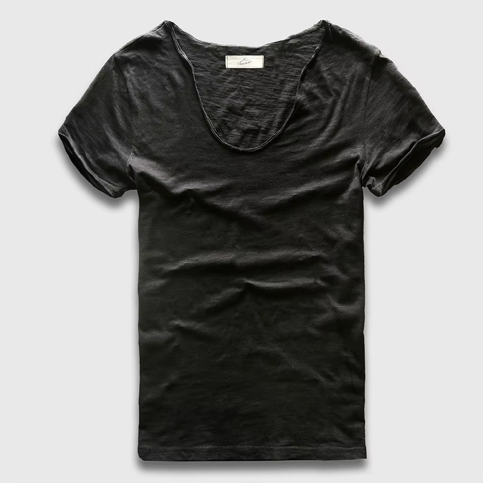 Hommes T-Shirt de base solide coton col en V coupe ajustée mâle mode t-shirts à manches courtes top 