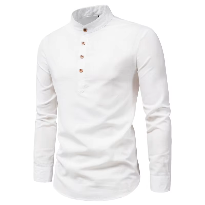 Chemises à manches longues pour hommes, en coton et lin, couleur unie, col montant, décontracté, Sty
