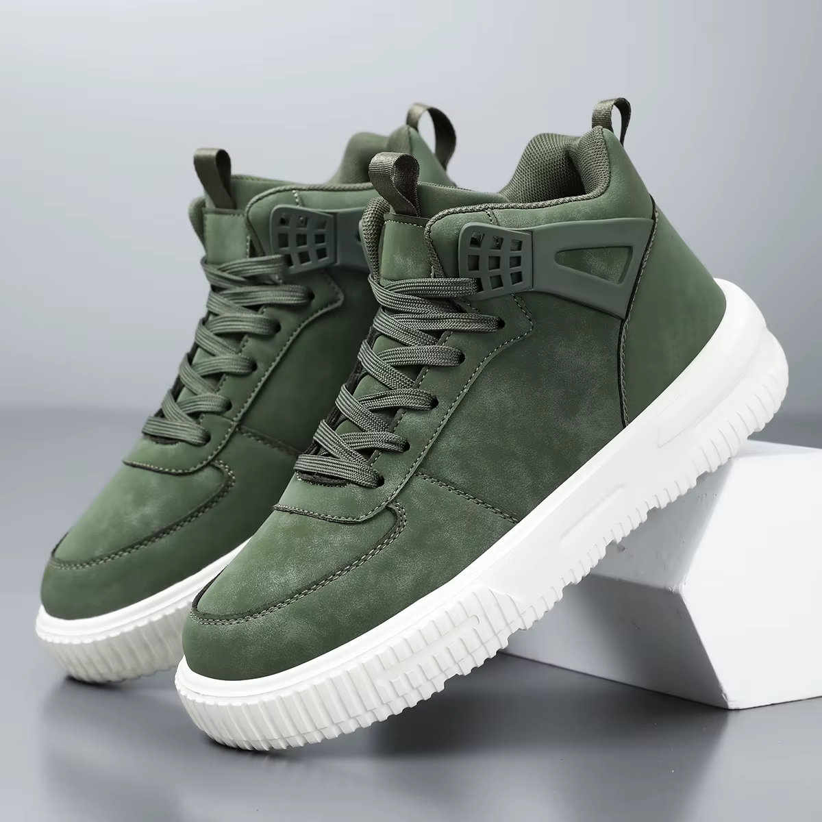 Baskets montantes vertes pour hommes, décontractées, en cuir, style skate, à lacets, plateforme, str