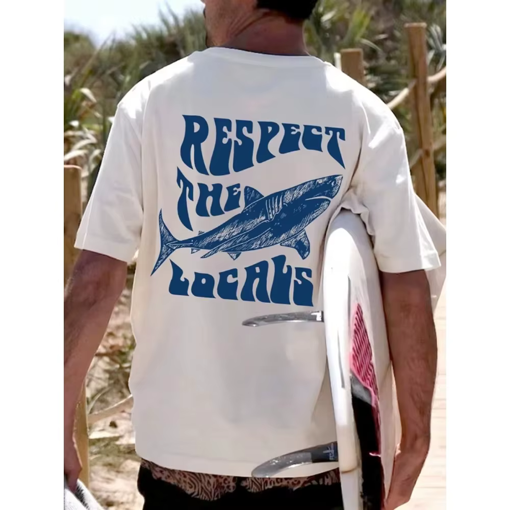 T-shirt graphique Respect The Locals Shark Surf pour hommes et femmes, style rétro, en coton, à manc