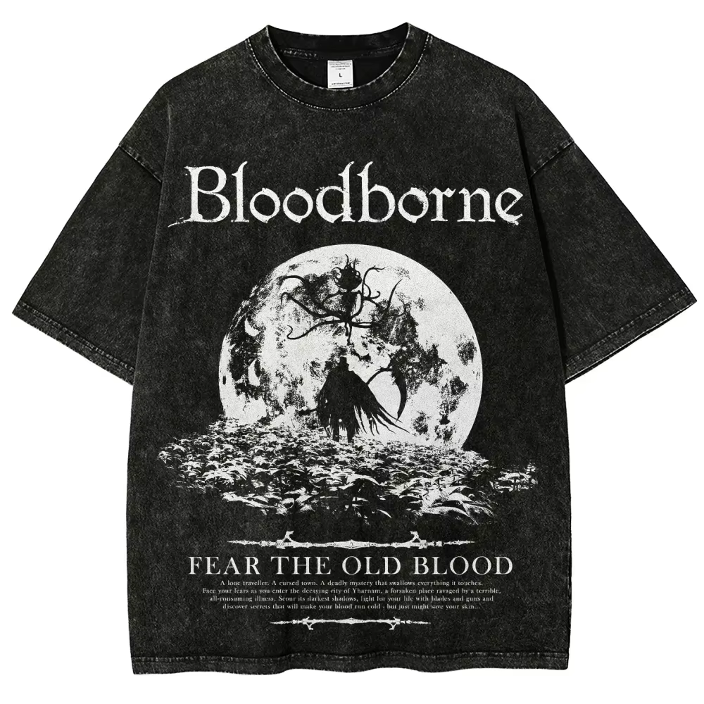 Nouveau T-shirt imprimé Bloodborne, jeu de rôle d'action tendance, style vintage délavé, en coton am