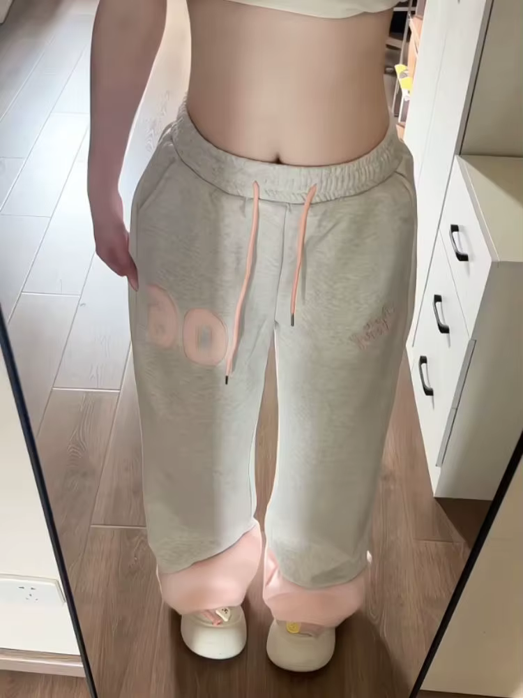 Pantalon de survêtement épissé en peluche pour femmes, Style doux, contraste, cordon de serrage, tai