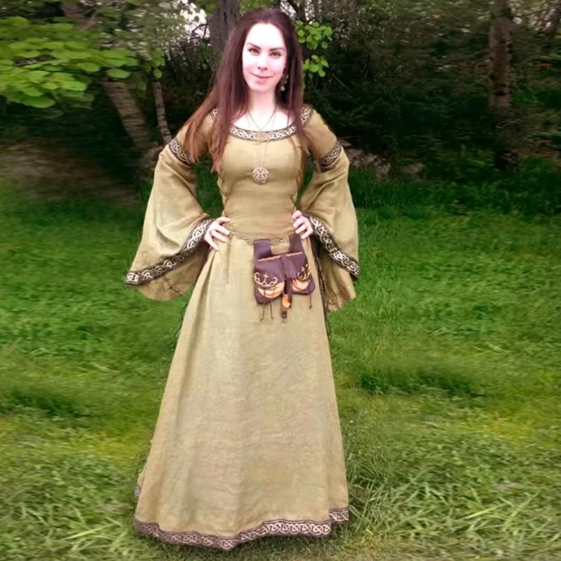 Robe médiévale Vintage celtique à manches longues pour femmes, longueur au sol, Renaissance gothique