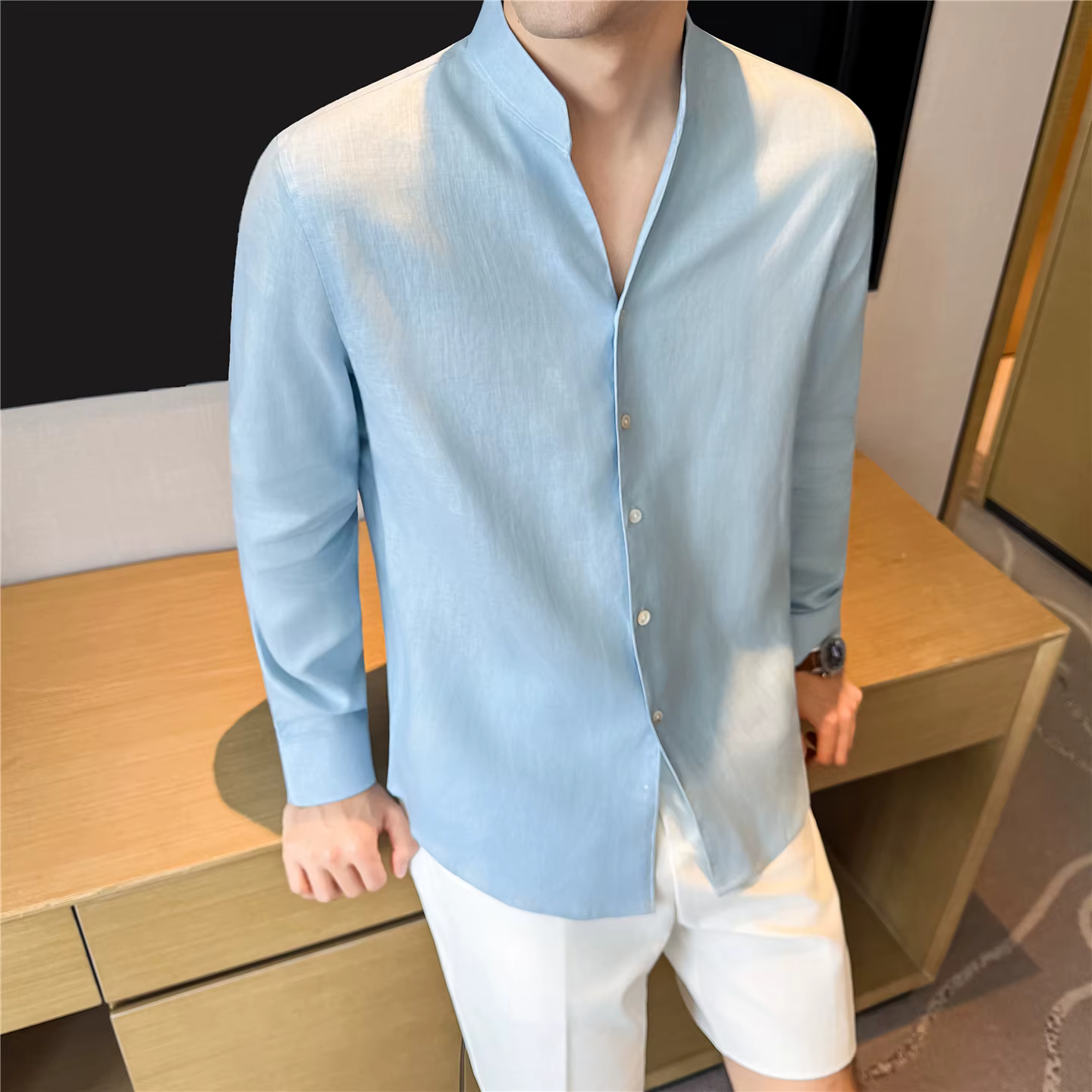 Chemise à manches longues 100% lin pour homme, col montant, coupe ample, couleur unie, décontractée,