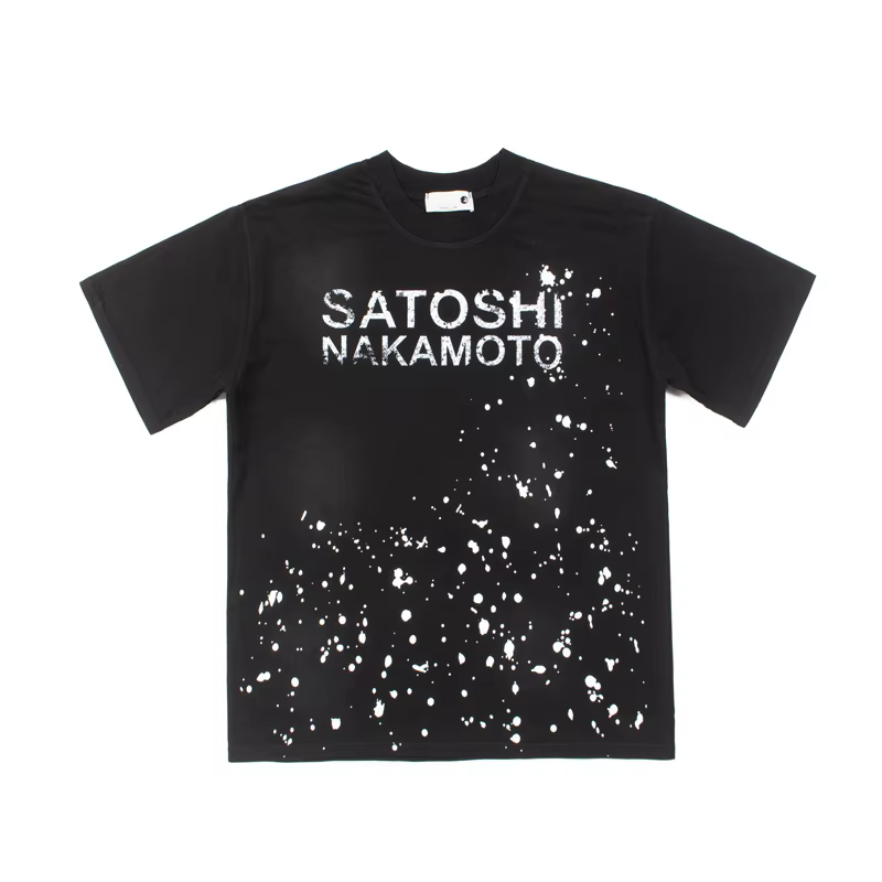 T-shirt Satoshi Nakamoto imprimé lettres effet éclaboussures d'encre, manches courtes, vintage, coup