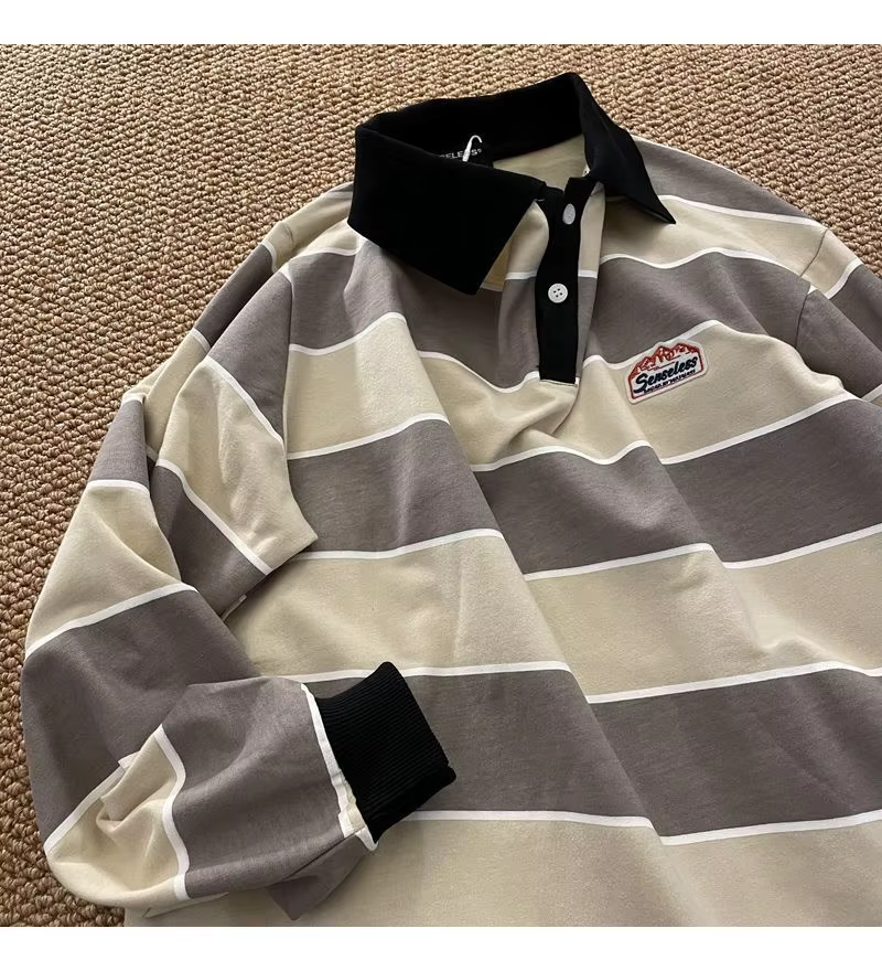 POLO à manches longues pour hommes et femmes, rétro japonais, rayé, ample, tendance, Couple BF, swea