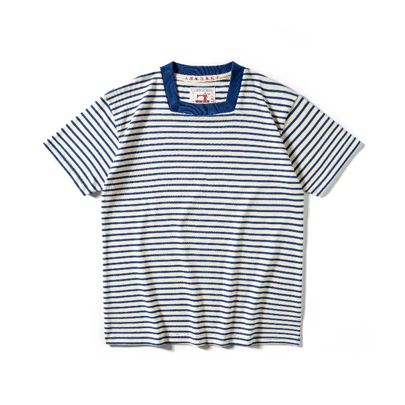 T-shirt rayé à col carré original, T-shirt pour hommes en pur coton lourd, chemise rétro lavée avec 