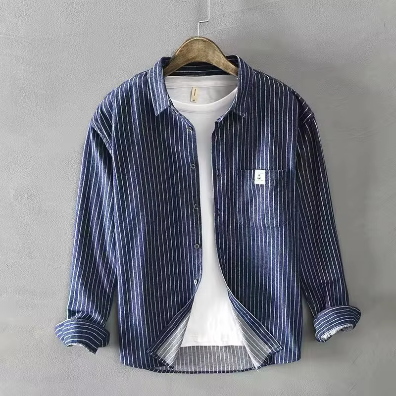 Chemise à manches longues pour homme, rayée et à carreaux, style jeune et décontracté, coupe ample, 