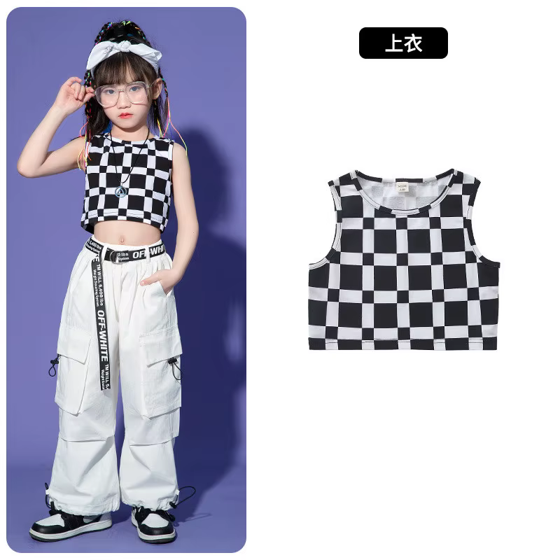 Enfant Kpop Hip Hop vêtements à carreaux débardeur haut court noir décontracté larges poches à rabat