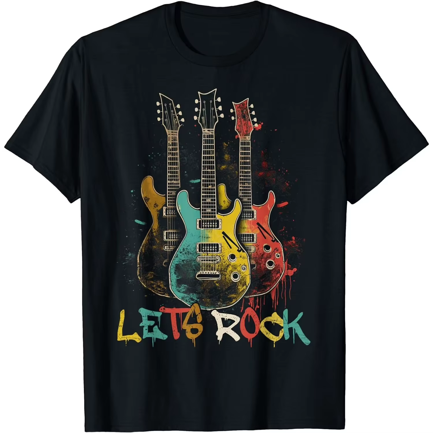 T-shirt graphique Rock Guitar, imprimé rétro Let's Rock, manches courtes, t-shirt décontracté en cot