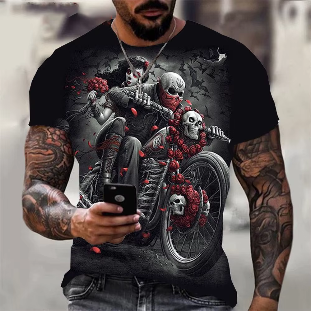 T-shirt imprimé tête de mort 3D rétro, hip hop, personnalité, super cool, horreur, décontracté, mode