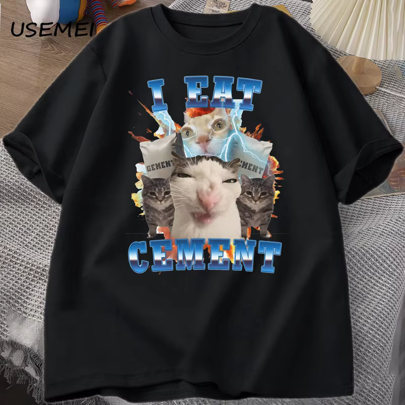 Je mange du ciment drôle chat Meme t-shirt coton à manches courtes stupides chats laides imprimé t-s
