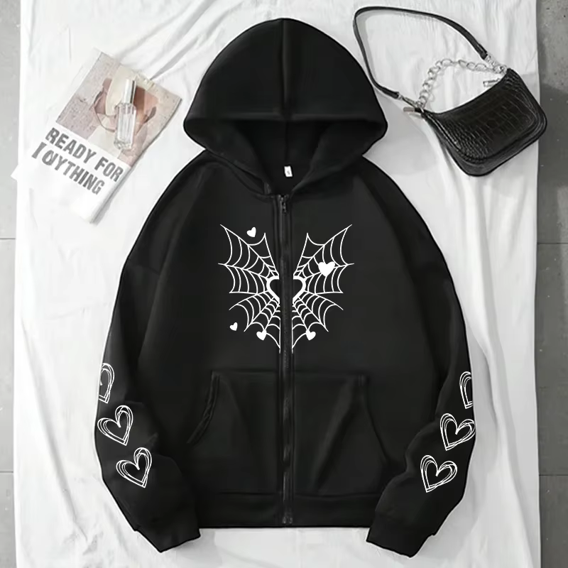 2025 offre spéciale sweat à capuche pour femme mignon toile d'araignée coeur imprimé sweat zippé tou