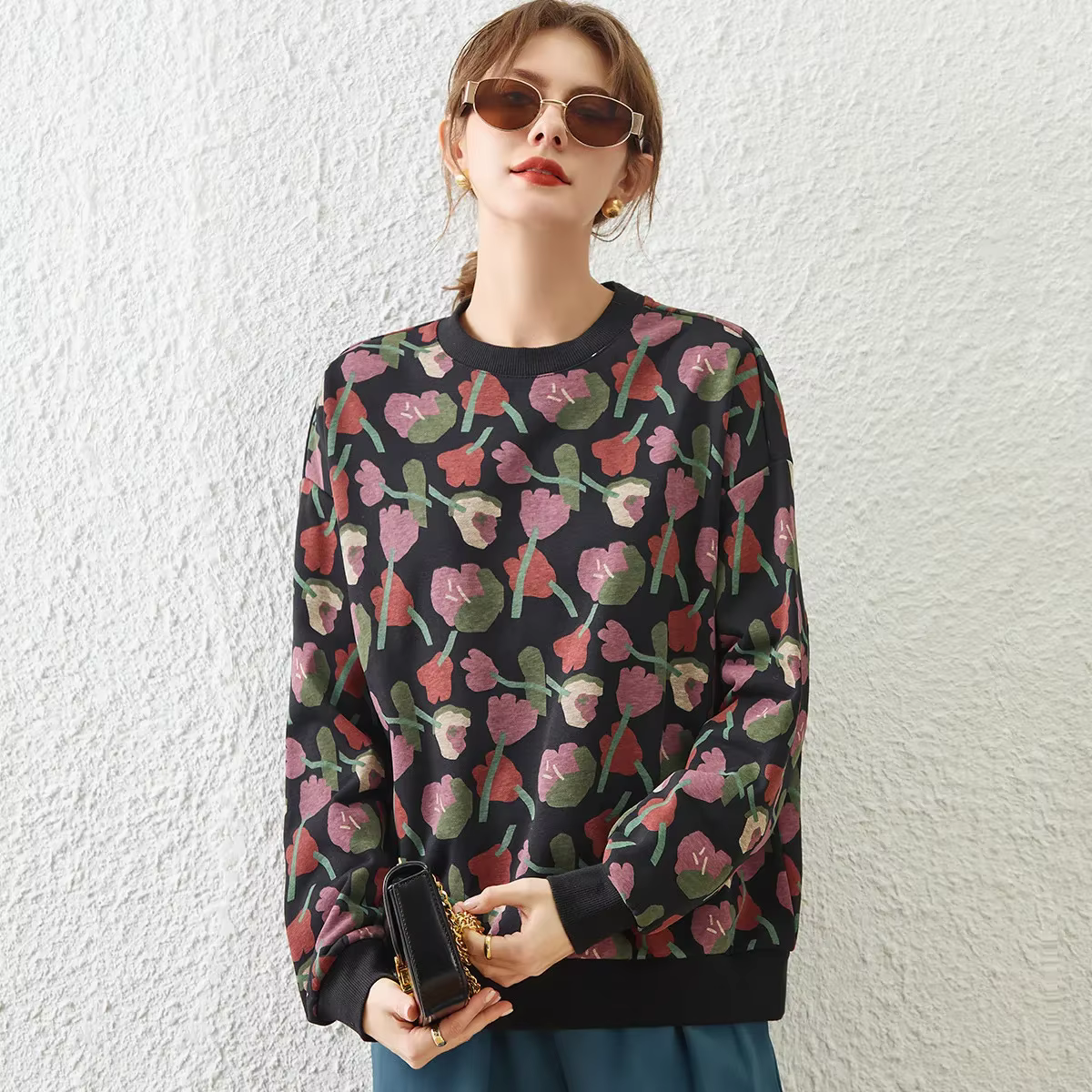 Modiis Yao-Sweat-shirt à manches longues et col rond pour femme, pull rétro, imprimé fleuri, coupe d