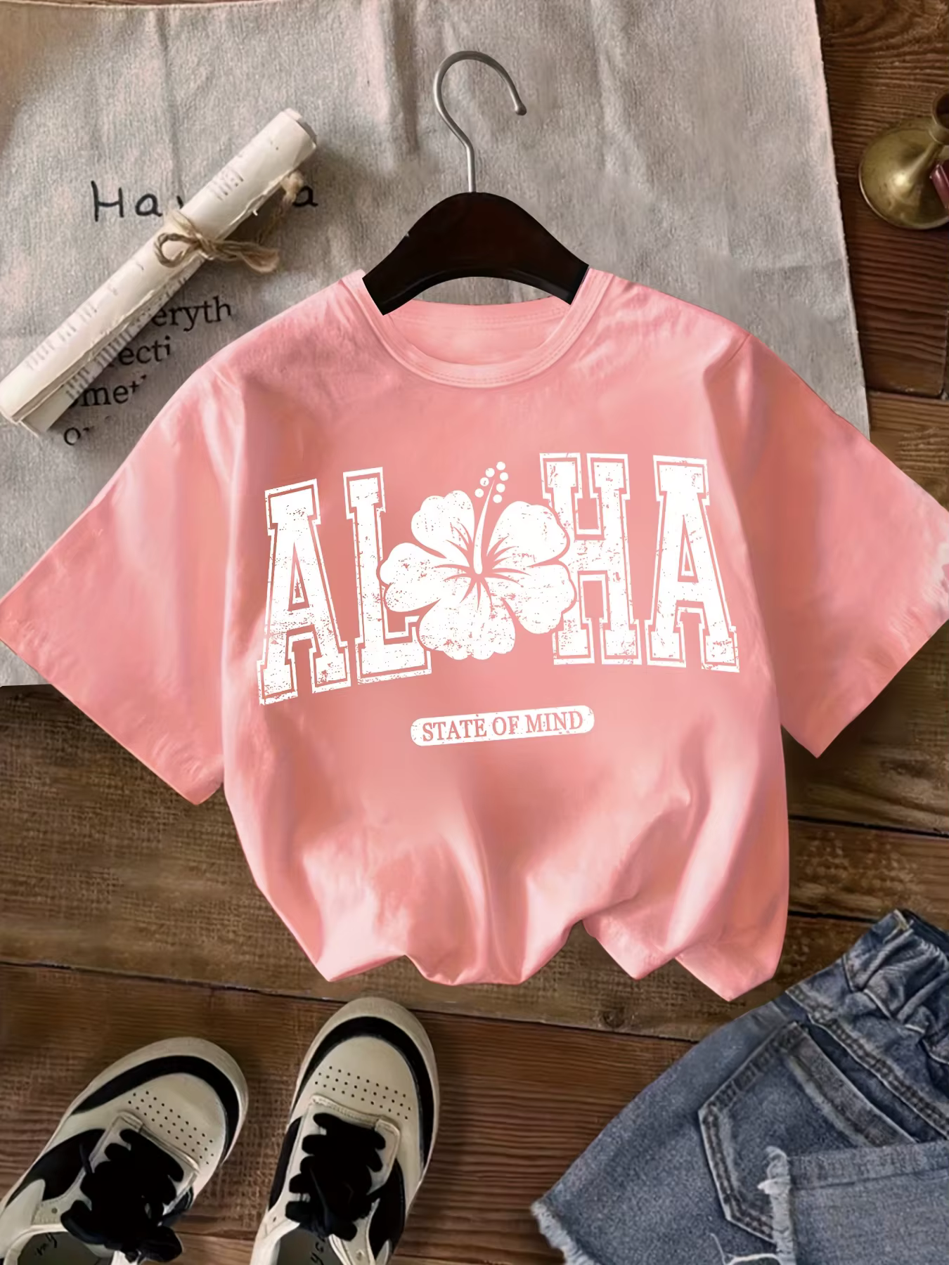 T-shirt Aloha Hawaiian Greeting avec motif de fleur d'hibiscus, style vacances d'été pour filles, dé