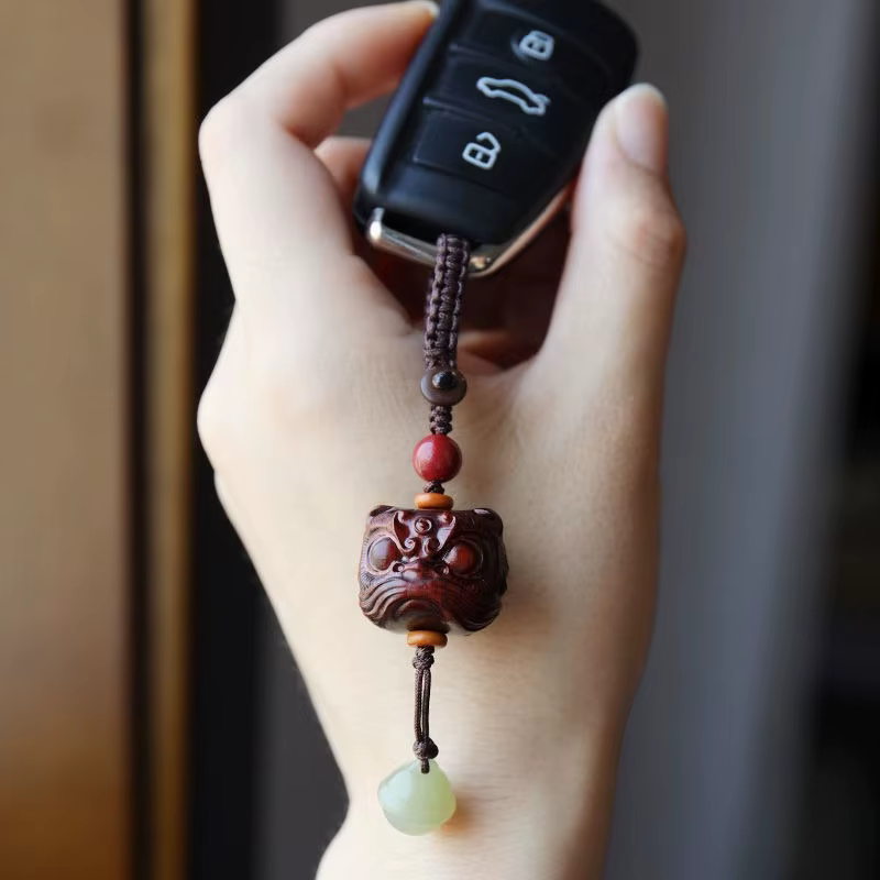 Porte-clés de voiture de danse du Lion en bois de santal de Style National, pendentif de téléphone p