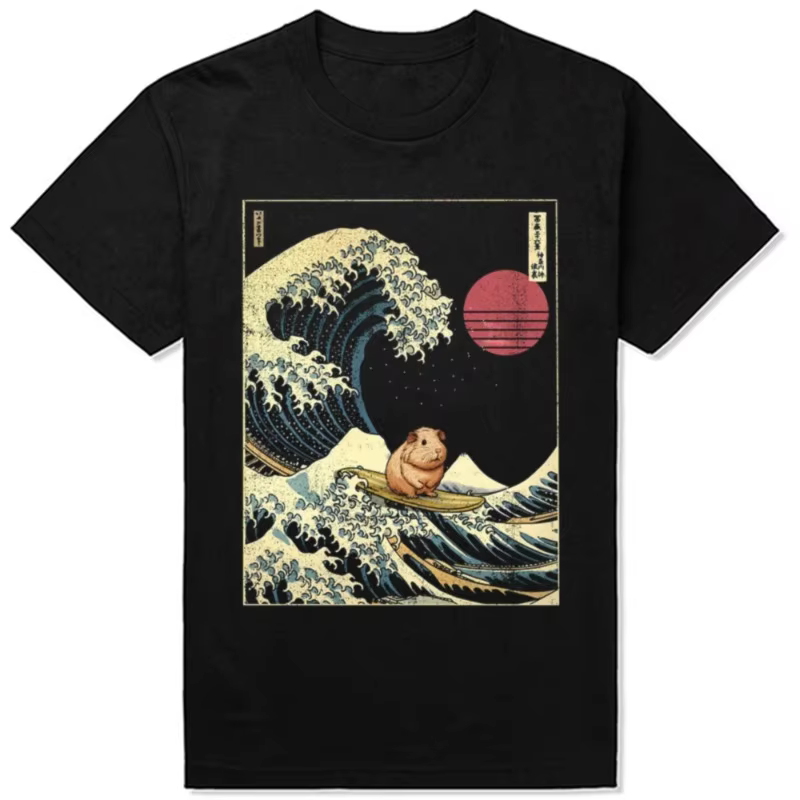 Japonais drôle cochon d'inde Kanagawa surf vague t-shirts coton Humor Streetwear t-shirt à manches c