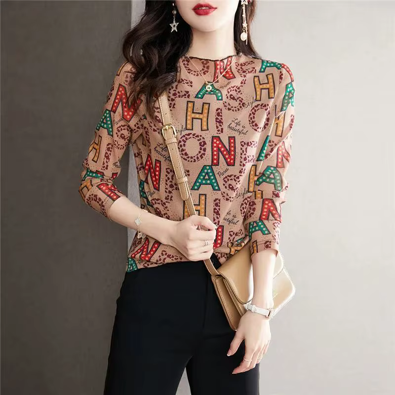 T-shirt manches longues à col mi-haut pour femme, Streetwear, décontracté, Standard, lettre imprimée