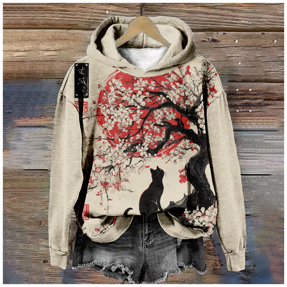 Sweat à capuche crème pour femmes, avec fleur de prunier rouge et imprimé chat, pull confortable, St