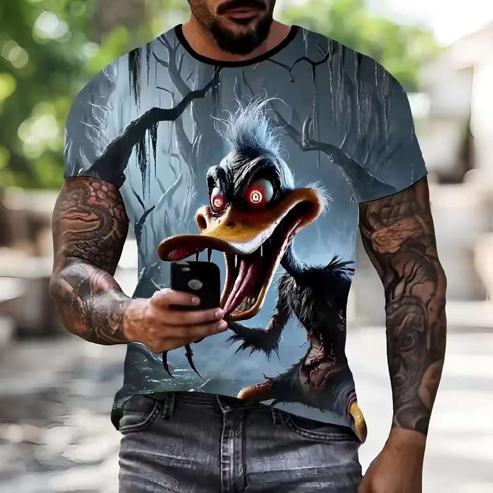 T-shirt décontracté pour homme avec motif de canard amusant imprimé numériquement en 3D, coupe ample